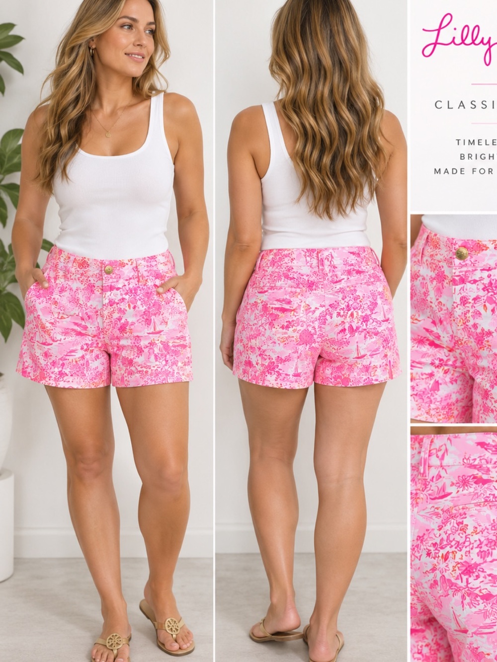 Lilly Pulitzer 3 pockets Pink Floral Print Women's Shorts size M cotton